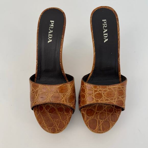 Prada Wedge Platform Clogs Heels Cognac Croc Leather Open-Toe Brown 38 (US 8) - Picture 2 of 13
